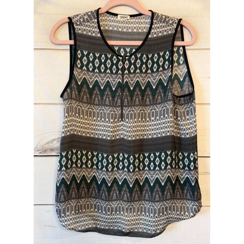 L'AGENCE Women Green Grey Geometric Chevron Diamond Half Zip Sleeveless Blouse 6